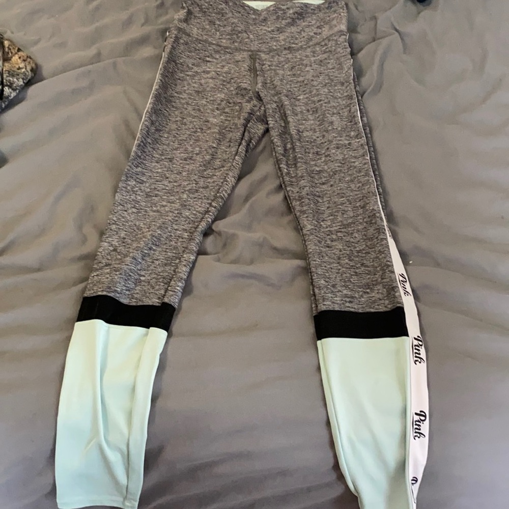 Pink leggings gray and light sea foam/mint color at bottom